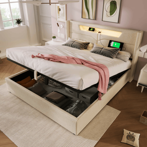 Cama contentora 140x200cm estofada em linho - com LEDs e portas de carregamento - com estrado de molas - Bege