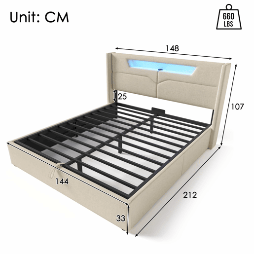 Cama contentora 140x200cm estofada em linho - com LEDs e portas de carregamento - com estrado de molas - Bege