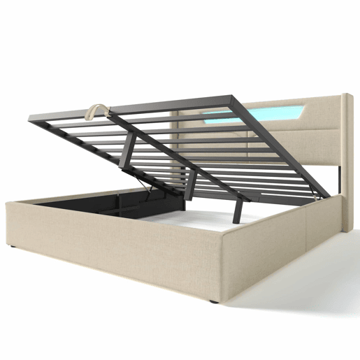 Cama contentora 140x200cm estofada em linho - com LEDs e portas de carregamento - com estrado de molas - Bege