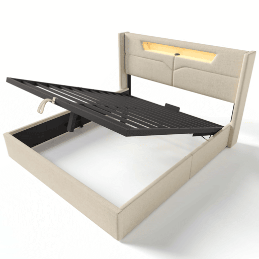 Cama contentora 140x200cm estofada em linho - com LEDs e portas de carregamento - com estrado de molas - Bege