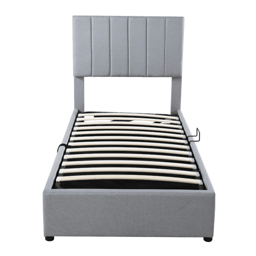 Cama estofada em linho com arrumação - 90x200 cm - Cinzento