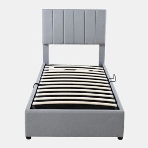 Cama estofada em linho com arrumação - 90x200 cm - Cinzento