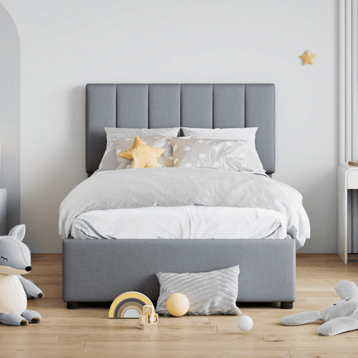 Cama estofada em linho com arrumação - 90x200 cm - Cinzento