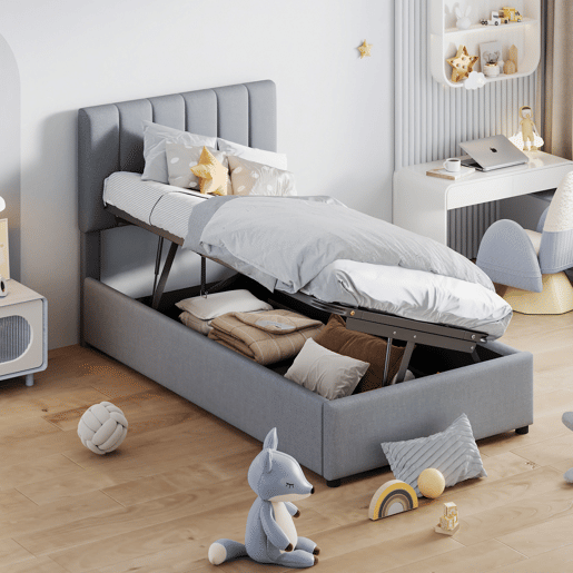 Cama estofada em linho com arrumação - 90x200 cm - Cinzento