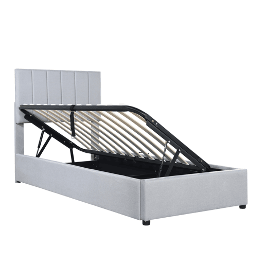 Cama estofada em linho com arrumação - 90x200 cm - Cinzento