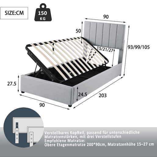 Cama estofada em linho com arrumação - 90x200 cm - Cinzento