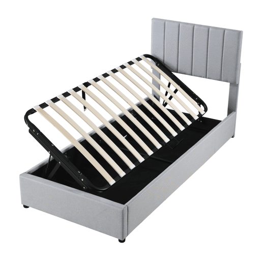 Cama estofada em linho com arrumação - 90x200 cm - Cinzento