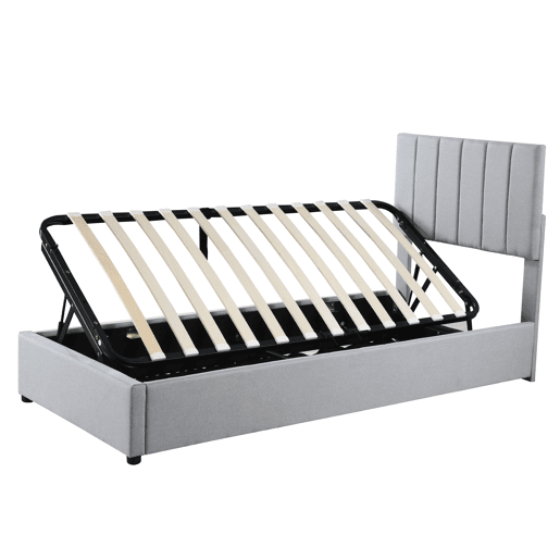 Cama estofada em linho com arrumação - 90x200 cm - Cinzento