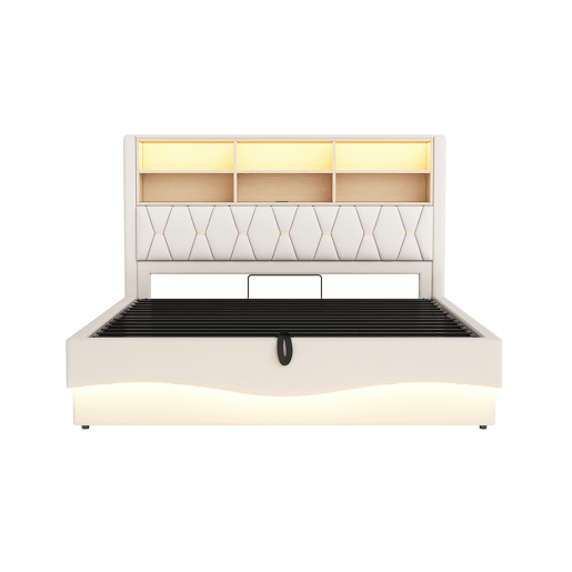 Cama estofada 180x200 cm - com armazenamento hidráulico, faixa de luz LED controlada por app, porta USB, base de metal - Bege Cama estofada 180x200 cm - com armazenamento hidráulico, faixa de luz LED controlada por app, porta USB, base de metal - Bege