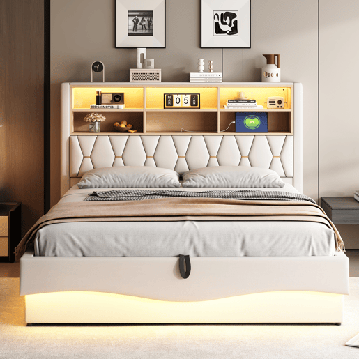 Cama estofada 180x200 cm - com armazenamento hidráulico, faixa de luz LED controlada por app, porta USB, base de metal - Bege Cama estofada 180x200 cm - com armazenamento hidráulico, faixa de luz LED controlada por app, porta USB, base de metal - Bege