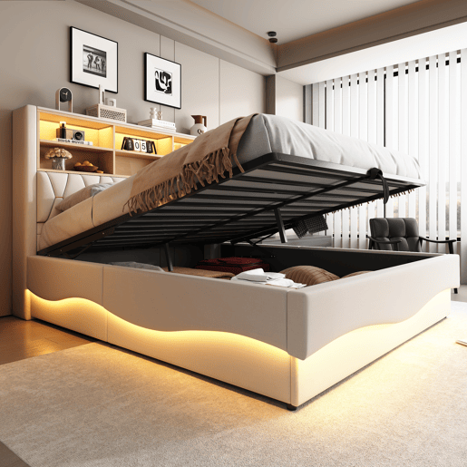 Cama estofada 180x200 cm - com armazenamento hidráulico, faixa de luz LED controlada por app, porta USB, base de metal - Bege Cama estofada 180x200 cm - com armazenamento hidráulico, faixa de luz LED controlada por app, porta USB, base de metal - Bege
