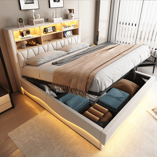 Cama estofada 180x200 cm - com armazenamento hidráulico, faixa de luz LED controlada por app, porta USB, base de metal - Bege Cama estofada 180x200 cm - com armazenamento hidráulico, faixa de luz LED controlada por app, porta USB, base de metal - Bege