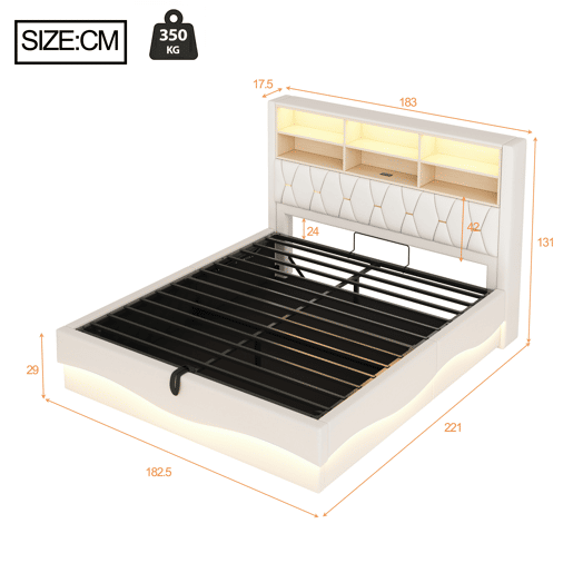 Cama estofada 180x200 cm - com armazenamento hidráulico, faixa de luz LED controlada por app, porta USB, base de metal - Bege Cama estofada 180x200 cm - com armazenamento hidráulico, faixa de luz LED controlada por app, porta USB, base de metal - Bege