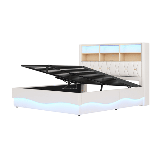 Cama estofada 180x200 cm - com armazenamento hidráulico, faixa de luz LED controlada por app, porta USB, base de metal - Bege Cama estofada 180x200 cm - com armazenamento hidráulico, faixa de luz LED controlada por app, porta USB, base de metal - Bege
