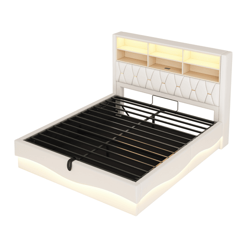 Cama estofada 180x200 cm - com armazenamento hidráulico, faixa de luz LED controlada por app, porta USB, base de metal - Bege Cama estofada 180x200 cm - com armazenamento hidráulico, faixa de luz LED controlada por app, porta USB, base de metal - Bege