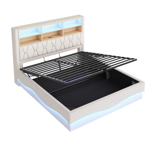 Cama estofada 180x200 cm - com armazenamento hidráulico, faixa de luz LED controlada por app, porta USB, base de metal - Bege Cama estofada 180x200 cm - com armazenamento hidráulico, faixa de luz LED controlada por app, porta USB, base de metal - Bege