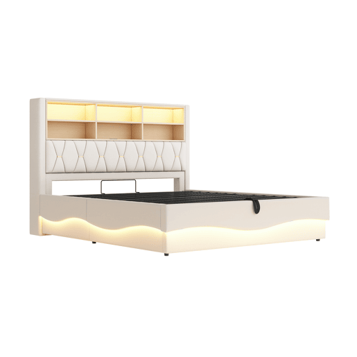 Cama estofada 180x200 cm - com armazenamento hidráulico, faixa de luz LED controlada por app, porta USB, base de metal - Bege Cama estofada 180x200 cm - com armazenamento hidráulico, faixa de luz LED controlada por app, porta USB, base de metal - Bege