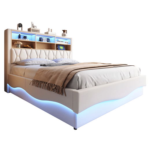 Cama estofada 180x200 cm - com armazenamento hidráulico, faixa de luz LED controlada por app, porta USB, base de metal - Bege Cama estofada 180x200 cm - com armazenamento hidráulico, faixa de luz LED controlada por app, porta USB, base de metal - Bege