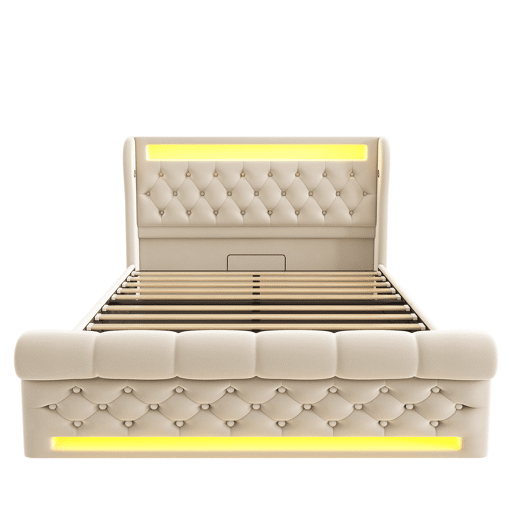 Cama estofada moderna 140x200cm - Cama com LED, cabeceira com arrumação e portas USB e Tipo-C, cama hidráulica, bege Cama estofada moderna 140x200cm - Cama com LED, cabeceira com arrumação e portas USB e Tipo-C, cama hidráulica, bege