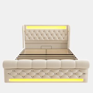 Cama estofada moderna 140x200cm - Cama com LED, cabeceira com arrumação e portas USB e Tipo-C, cama hidráulica, bege