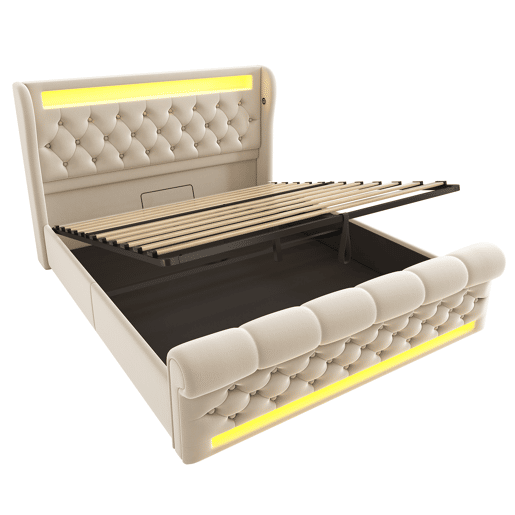 Cama estofada moderna 140x200cm - Cama com LED, cabeceira com arrumação e portas USB e Tipo-C, cama hidráulica, bege Cama estofada moderna 140x200cm - Cama com LED, cabeceira com arrumação e portas USB e Tipo-C, cama hidráulica, bege