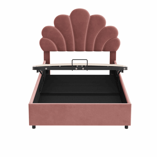 Cama para arrumação estofada em veludo - 90x200cm - cabeceira em forma de flor - com estrado de ripas - Vermelho