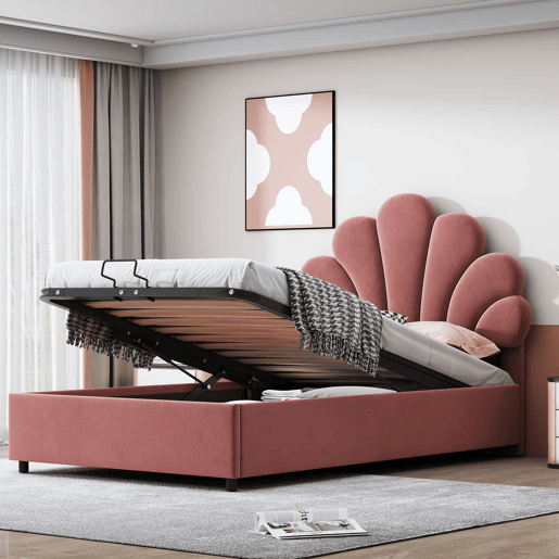 Cama para arrumação estofada em veludo - 90x200cm - cabeceira em forma de flor - com estrado de ripas - Vermelho