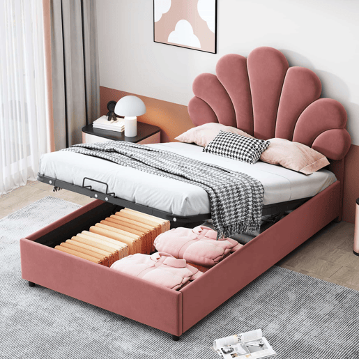 Cama para arrumação estofada em veludo - 90x200cm - cabeceira em forma de flor - com estrado de ripas - Vermelho