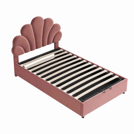 Cama para arrumação estofada em veludo - 90x200cm - cabeceira em forma de flor - com estrado de ripas - Vermelho
