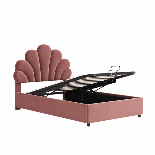 Cama para arrumação estofada em veludo - 90x200cm - cabeceira em forma de flor - com estrado de ripas - Vermelho
