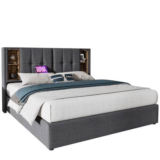 Cama almofadada para arrumação 160x200 cm - com carregamento sem fios e cabeceira para arrumação - tecido de algodão - Cinzento Cama almofadada para arrumação 160x200 cm - com carregamento sem fios e cabeceira para arrumação - tecido de algodão - Cinzento