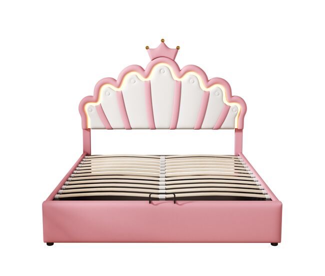 Cama contenedor tapizada en piel sintética 140x200 cm - cama princesa con led y molduras de techo - rosa