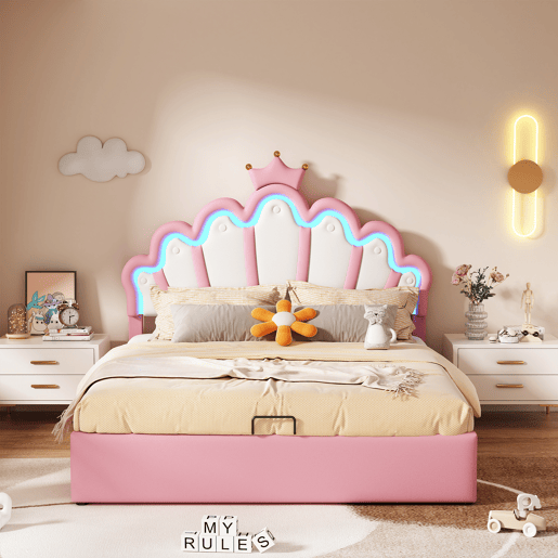 Cama contentora estofada em pele sintética 140x200 cm - cama princesa com LED e molduras no teto - Rosa Cama contentora estofada em pele sintética 140x200 cm - cama princesa com LED e molduras no teto - Rosa