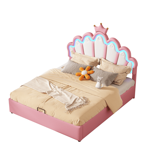 Cama contentora estofada em pele sintética 140x200 cm - cama princesa com LED e molduras no teto - Rosa Cama contentora estofada em pele sintética 140x200 cm - cama princesa com LED e molduras no teto - Rosa