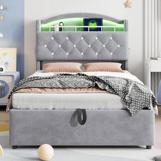 Cama infantil 90x200 - Cama multifuncional com arrumação, LED e USB - Cinza Cama infantil 90x200 - Cama multifuncional com arrumação, LED e USB - Cinza