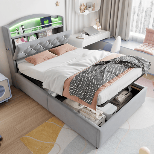 Cama infantil 90x200 - Cama multifuncional com arrumação, LED e USB - Cinza Cama infantil 90x200 - Cama multifuncional com arrumação, LED e USB - Cinza