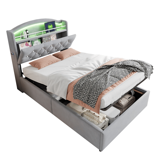 Cama infantil 90x200 - Cama multifuncional com arrumação, LED e USB - Cinza Cama infantil 90x200 - Cama multifuncional com arrumação, LED e USB - Cinza