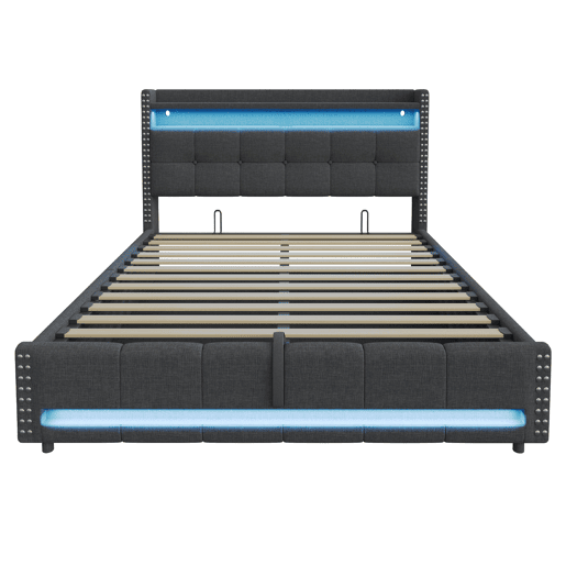 Cama estofada 180*200 cm - Com LED e tomada USB, cabeceira com prateleiras e arrumação, com sistema hidráulico para arrumação - Cinza Cama estofada 180*200 cm - Com LED e tomada USB, cabeceira com prateleiras e arrumação, com sistema hidráulico para arrumação - Cinza