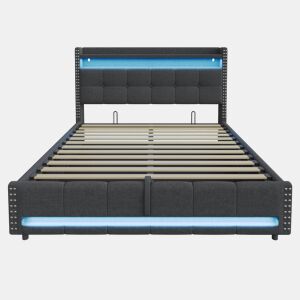 Cama estofada 180*200 cm - Com LED e tomada USB, cabeceira com prateleiras e arrumação, com sistema hidráulico para arrumação - Cinza
