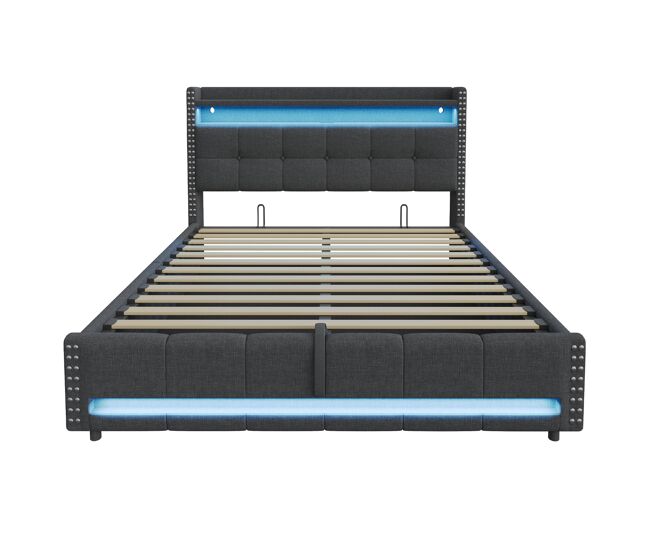 Cama tapizada 180*200 cm - con led y toma usb, cabecero con estantes y almacenamiento, con hidráulico para almacenamiento - gris