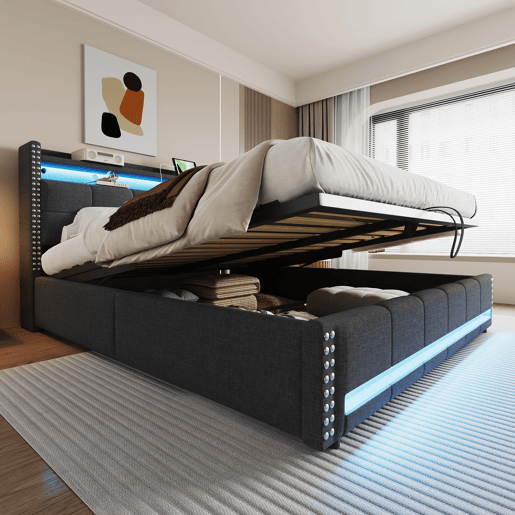Cama estofada 180*200 cm - Com LED e tomada USB, cabeceira com prateleiras e arrumação, com sistema hidráulico para arrumação - Cinza Cama estofada 180*200 cm - Com LED e tomada USB, cabeceira com prateleiras e arrumação, com sistema hidráulico para arrumação - Cinza