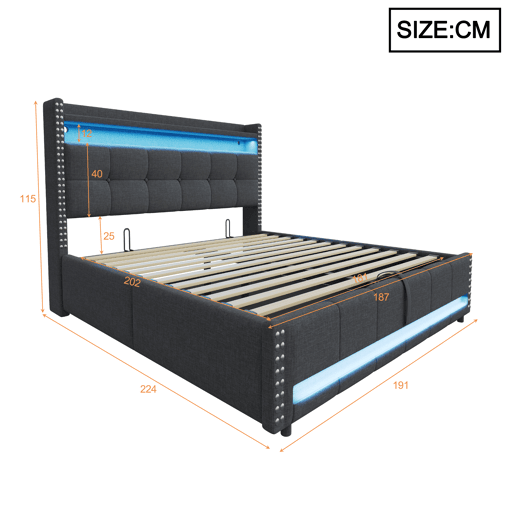 Cama estofada 180*200 cm - Com LED e tomada USB, cabeceira com prateleiras e arrumação, com sistema hidráulico para arrumação - Cinza Cama estofada 180*200 cm - Com LED e tomada USB, cabeceira com prateleiras e arrumação, com sistema hidráulico para arrumação - Cinza