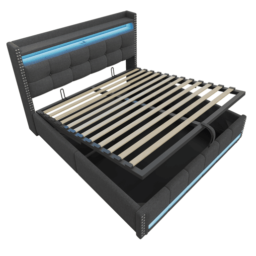 Cama estofada 180*200 cm - Com LED e tomada USB, cabeceira com prateleiras e arrumação, com sistema hidráulico para arrumação - Cinza Cama estofada 180*200 cm - Com LED e tomada USB, cabeceira com prateleiras e arrumação, com sistema hidráulico para arrumação - Cinza