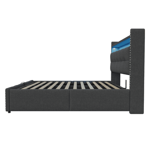 Cama estofada 180*200 cm - Com LED e tomada USB, cabeceira com prateleiras e arrumação, com sistema hidráulico para arrumação - Cinza Cama estofada 180*200 cm - Com LED e tomada USB, cabeceira com prateleiras e arrumação, com sistema hidráulico para arrumação - Cinza
