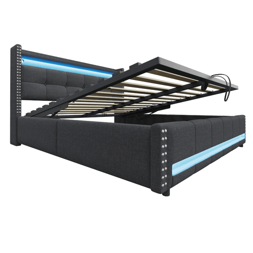 Cama estofada 180*200 cm - Com LED e tomada USB, cabeceira com prateleiras e arrumação, com sistema hidráulico para arrumação - Cinza Cama estofada 180*200 cm - Com LED e tomada USB, cabeceira com prateleiras e arrumação, com sistema hidráulico para arrumação - Cinza