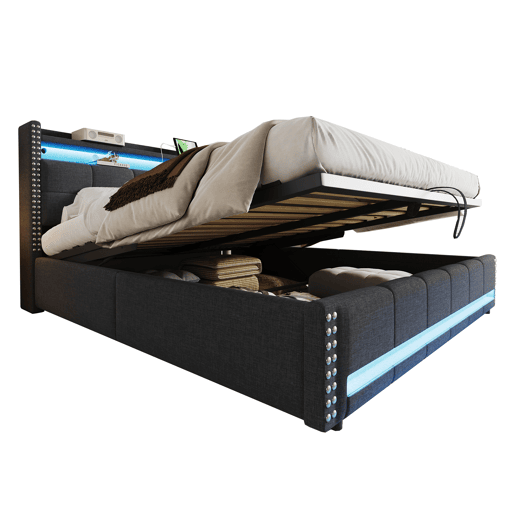 Cama estofada 180*200 cm - Com LED e tomada USB, cabeceira com prateleiras e arrumação, com sistema hidráulico para arrumação - Cinza Cama estofada 180*200 cm - Com LED e tomada USB, cabeceira com prateleiras e arrumação, com sistema hidráulico para arrumação - Cinza