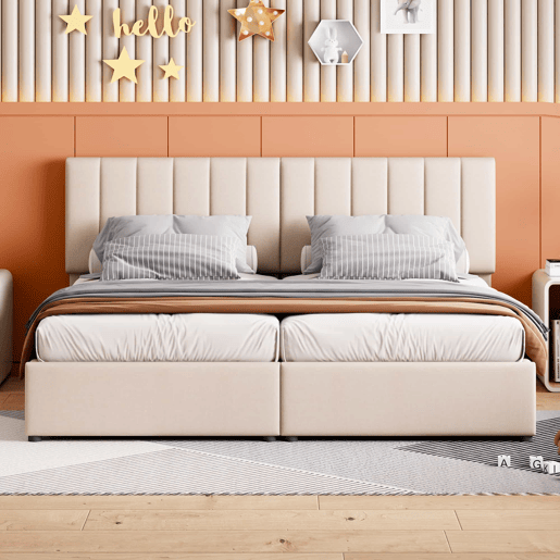 Cama Canapé estofada em tecido de linho - 180x200cm - convertível em 2 camas individuais - Bege