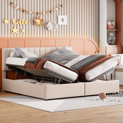 Cama Canapé estofada em tecido de linho - 180x200cm - convertível em 2 camas individuais - Bege