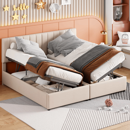 Cama Canapé estofada em tecido de linho - 180x200cm - convertível em 2 camas individuais - Bege