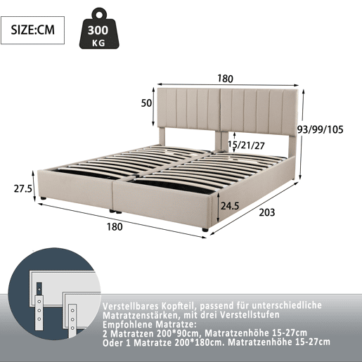 Cama Canapé estofada em tecido de linho - 180x200cm - convertível em 2 camas individuais - Bege